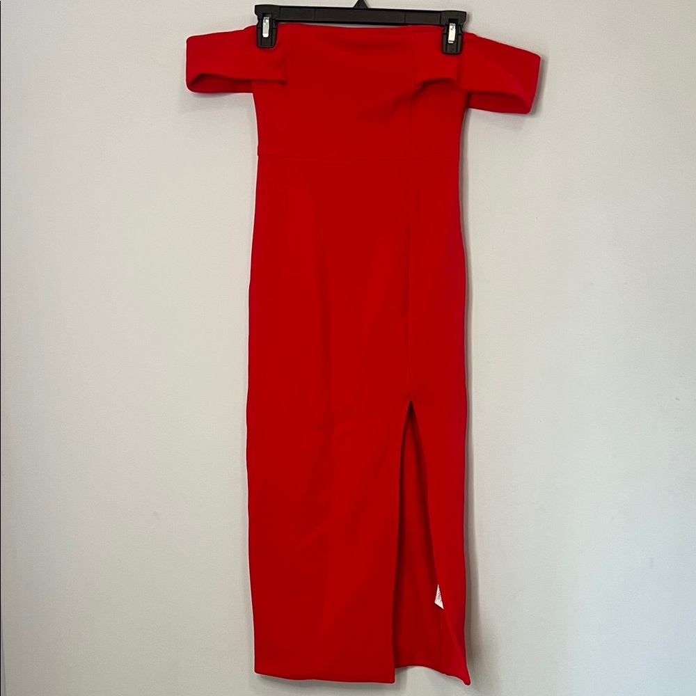 SNDYS. Women's Elegant Red Off-Shoulder Fitted Midi Dress Size‎ Small